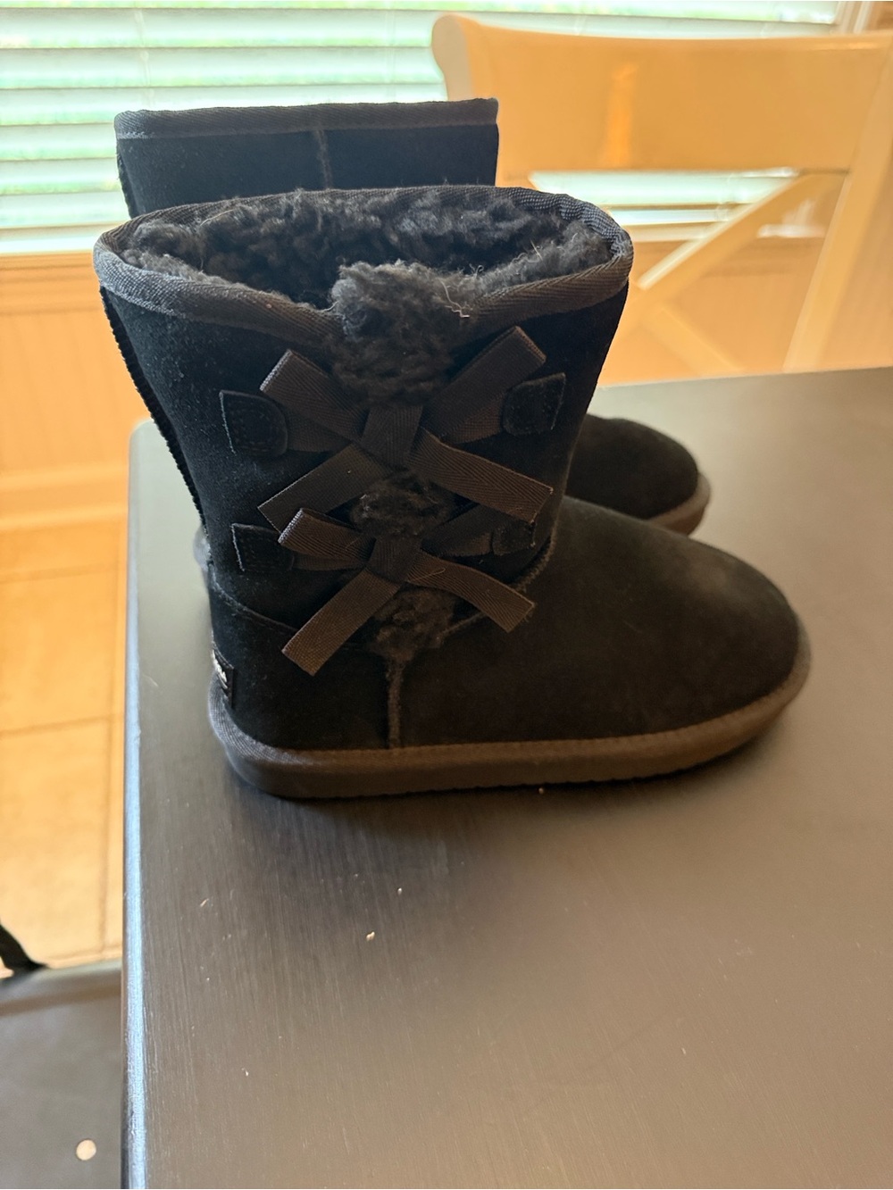 Koolaburra Black Suede Kids Fur-Lined Boots with Side Bows